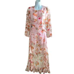 DARK PINK London Floral Print Ruffle  Waist Cut-out Long Sleeves Open Back Sz S